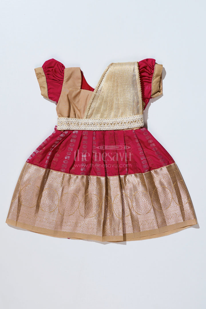 The Nesavu Girls Kanchi Silk Frock Girls Gold and Red Pattu Pavadai with Intricate Zari Border and Elegant Pleated Design Nesavu 14 (6M) / Gold / Style 4 SF843CD-14 Girls Gold Red Pattu Pavadai Intricate Zari Border Elegant Pleated Design | The Nesavu