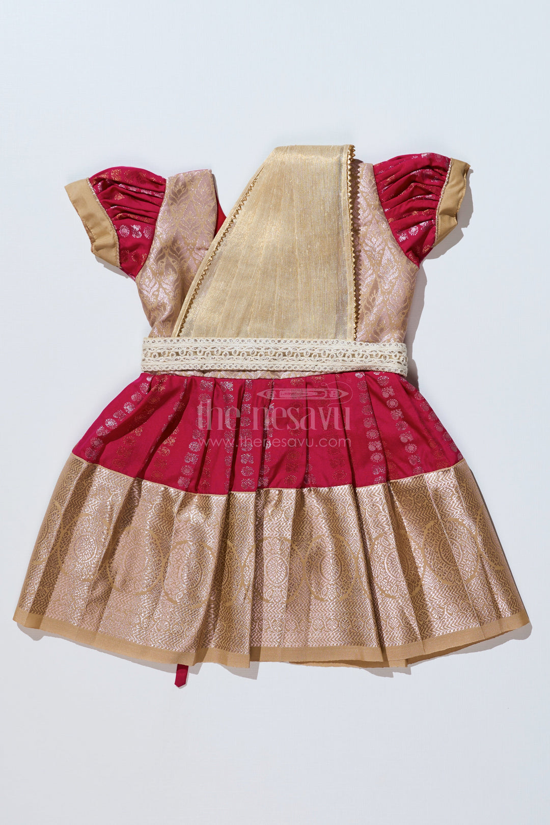 The Nesavu Girls Kanchi Silk Frock Girls Gold and Red Pattu Pavadai with Intricate Zari Border and Elegant Pleated Design Nesavu 16 (1Y) / Gold / Style 1 SF843CA-16 Girls Gold Red Pattu Pavadai Intricate Zari Border Elegant Pleated Design | The Nesavu