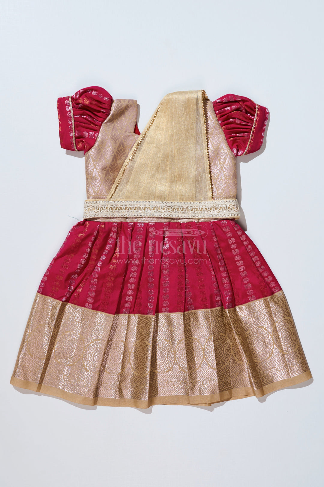 The Nesavu Girls Kanchi Silk Frock Girls Gold and Red Pattu Pavadai with Intricate Zari Border and Elegant Pleated Design Nesavu 20 (3Y) / Gold / Style 2 SF843CB-20 Girls Gold Red Pattu Pavadai Intricate Zari Border Elegant Pleated Design | The Nesavu