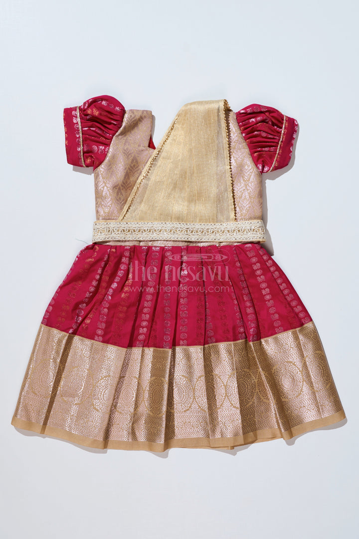 The Nesavu Girls Kanchi Silk Frock Girls Gold and Red Pattu Pavadai with Intricate Zari Border and Elegant Pleated Design Nesavu 20 (3Y) / Gold / Style 2 SF843CB-20 Girls Gold Red Pattu Pavadai Intricate Zari Border Elegant Pleated Design | The Nesavu