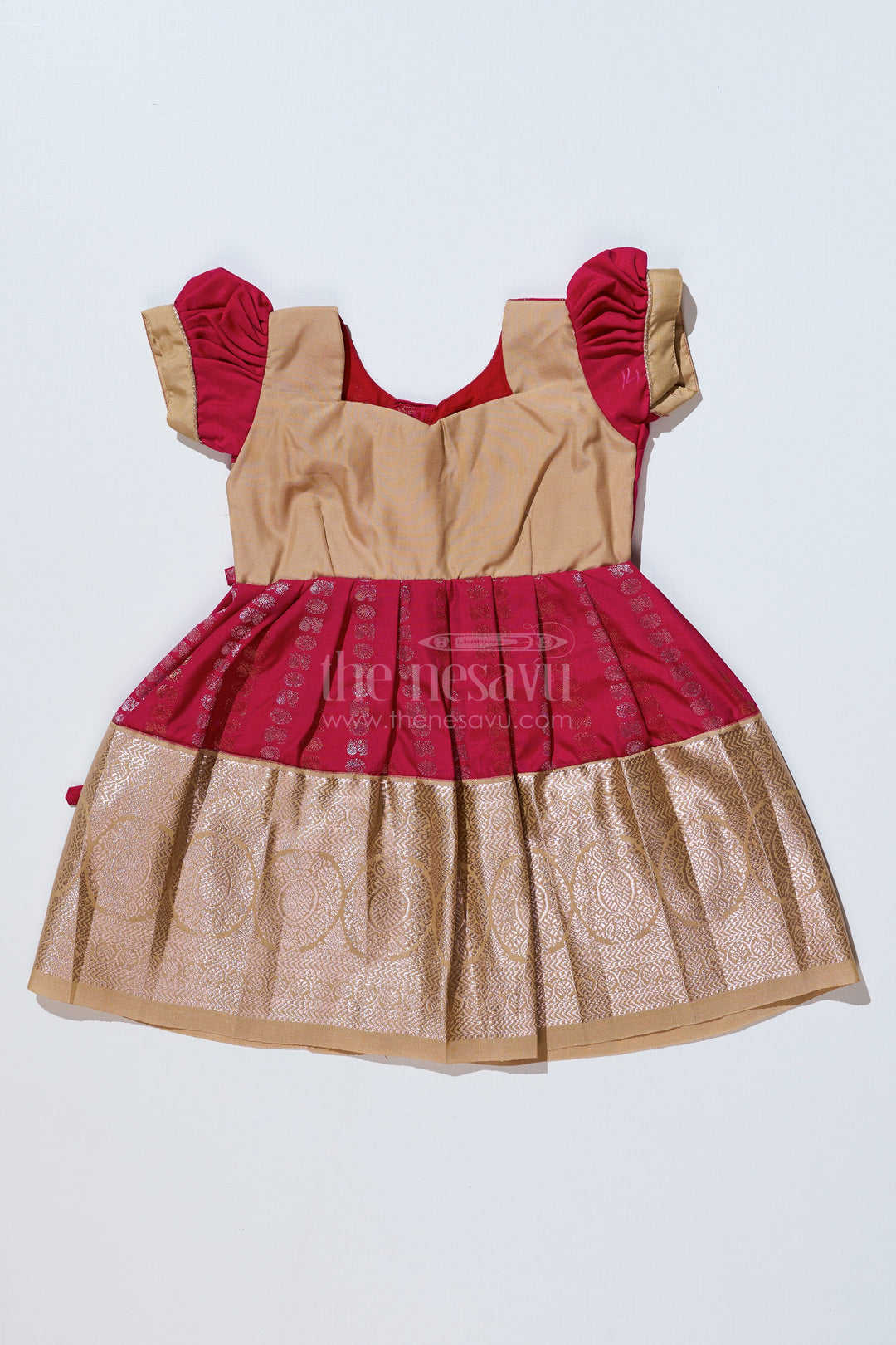 The Nesavu Girls Kanchi Silk Frock Girls Gold and Red Pattu Pavadai with Intricate Zari Border and Elegant Pleated Design Nesavu Girls Gold Red Pattu Pavadai Intricate Zari Border Elegant Pleated Design | The Nesavu