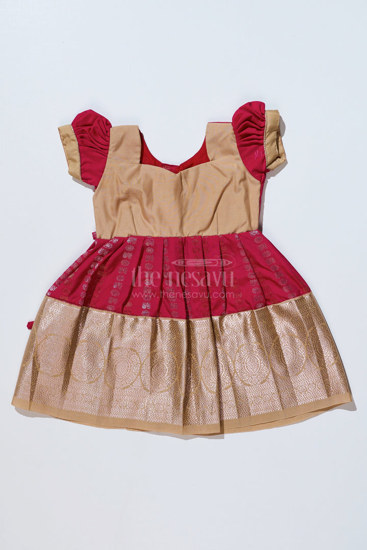 The Nesavu Girls Kanchi Silk Frock Girls Gold and Red Pattu Pavadai with Intricate Zari Border and Elegant Pleated Design Nesavu Girls Gold Red Pattu Pavadai Intricate Zari Border Elegant Pleated Design | The Nesavu