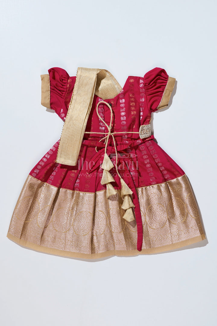 The Nesavu Girls Kanchi Silk Frock Girls Gold and Red Pattu Pavadai with Intricate Zari Border and Elegant Pleated Design Nesavu Girls Gold Red Pattu Pavadai Intricate Zari Border Elegant Pleated Design | The Nesavu