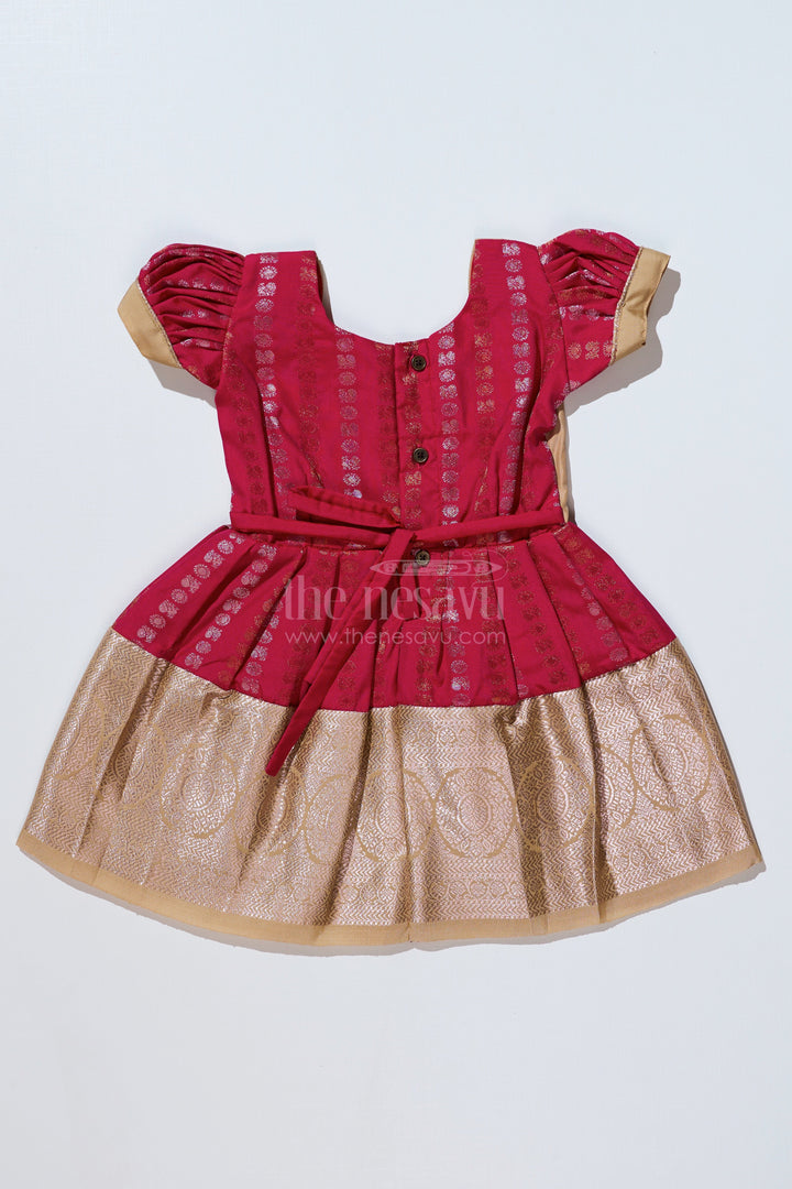 The Nesavu Girls Kanchi Silk Frock Girls Gold and Red Pattu Pavadai with Intricate Zari Border and Elegant Pleated Design Nesavu Girls Gold Red Pattu Pavadai Intricate Zari Border Elegant Pleated Design | The Nesavu