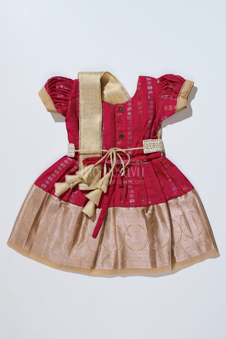 The Nesavu Girls Kanchi Silk Frock Girls Gold and Red Pattu Pavadai with Intricate Zari Border and Elegant Pleated Design Nesavu Girls Gold Red Pattu Pavadai Intricate Zari Border Elegant Pleated Design | The Nesavu