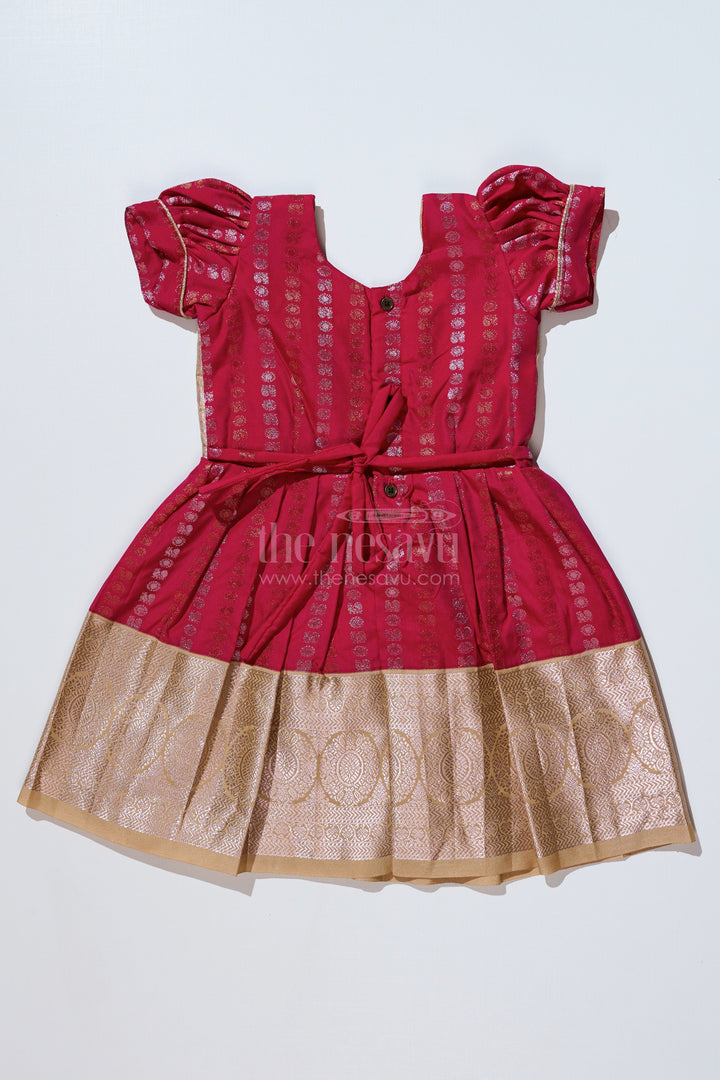 The Nesavu Girls Kanchi Silk Frock Girls Gold and Red Pattu Pavadai with Intricate Zari Border and Elegant Pleated Design Nesavu Girls Gold Red Pattu Pavadai Intricate Zari Border Elegant Pleated Design | The Nesavu