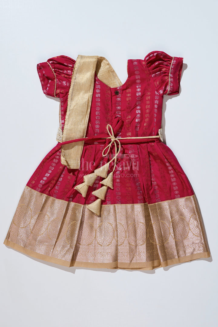 The Nesavu Girls Kanchi Silk Frock Girls Gold and Red Pattu Pavadai with Intricate Zari Border and Elegant Pleated Design Nesavu Girls Gold Red Pattu Pavadai Intricate Zari Border Elegant Pleated Design | The Nesavu