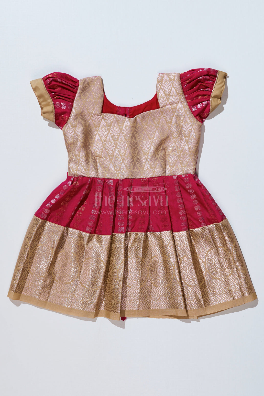 The Nesavu Girls Kanchi Silk Frock Girls Gold and Red Pattu Pavadai with Intricate Zari Border and Elegant Pleated Design Nesavu Girls Gold Red Pattu Pavadai Intricate Zari Border Elegant Pleated Design | The Nesavu