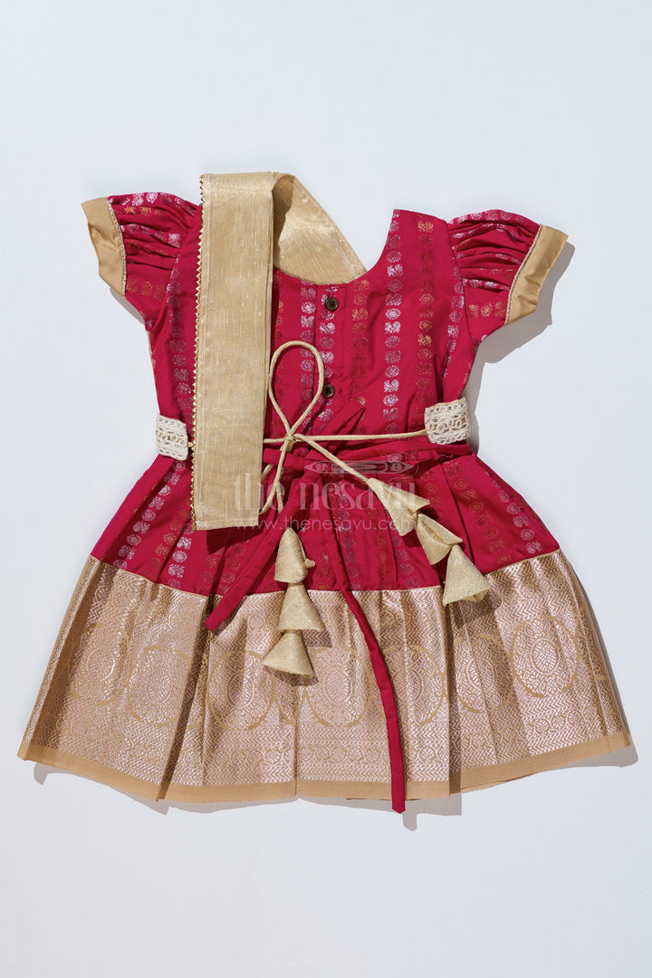 The Nesavu Girls Kanchi Silk Frock Girls Gold and Red Pattu Pavadai with Intricate Zari Border and Elegant Pleated Design Nesavu Girls Gold Red Pattu Pavadai Intricate Zari Border Elegant Pleated Design | The Nesavu