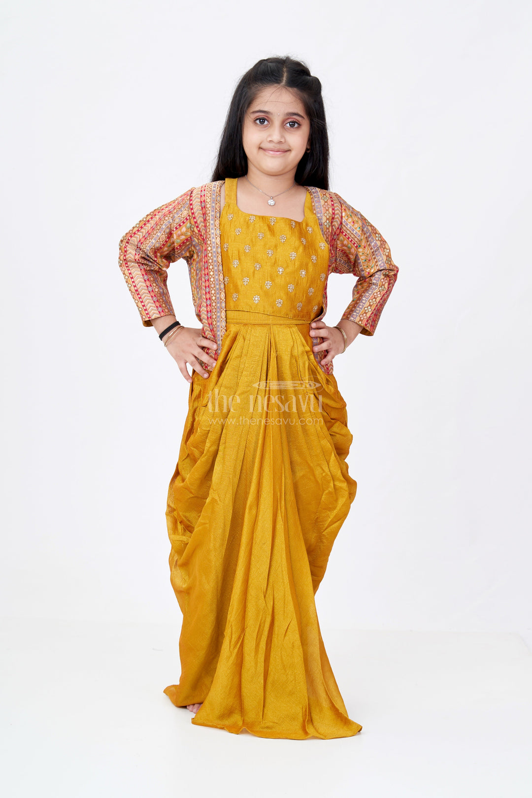 The Nesavu Girls Lehenga Choli Girls Gold Crop Top for Lehenga in Viscose Georgette with Designer Print and Half Sleeve Jacket Nesavu 24 (5Y) / Yellow GL616B-24 Girls Gold Crop Top Lehenga Set Printed Jacket Viscose Georgette | The Nesavu