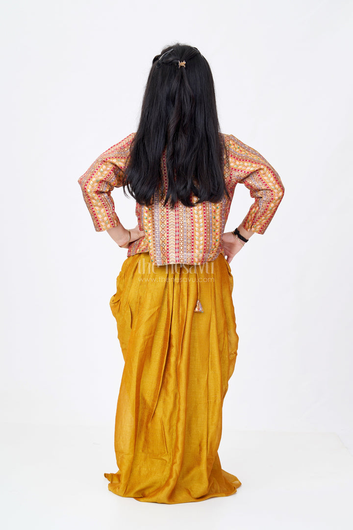 The Nesavu Girls Lehenga Choli Girls Gold Crop Top for Lehenga in Viscose Georgette with Designer Print and Half Sleeve Jacket Nesavu Girls Gold Crop Top Lehenga Set Printed Jacket Viscose Georgette | The Nesavu