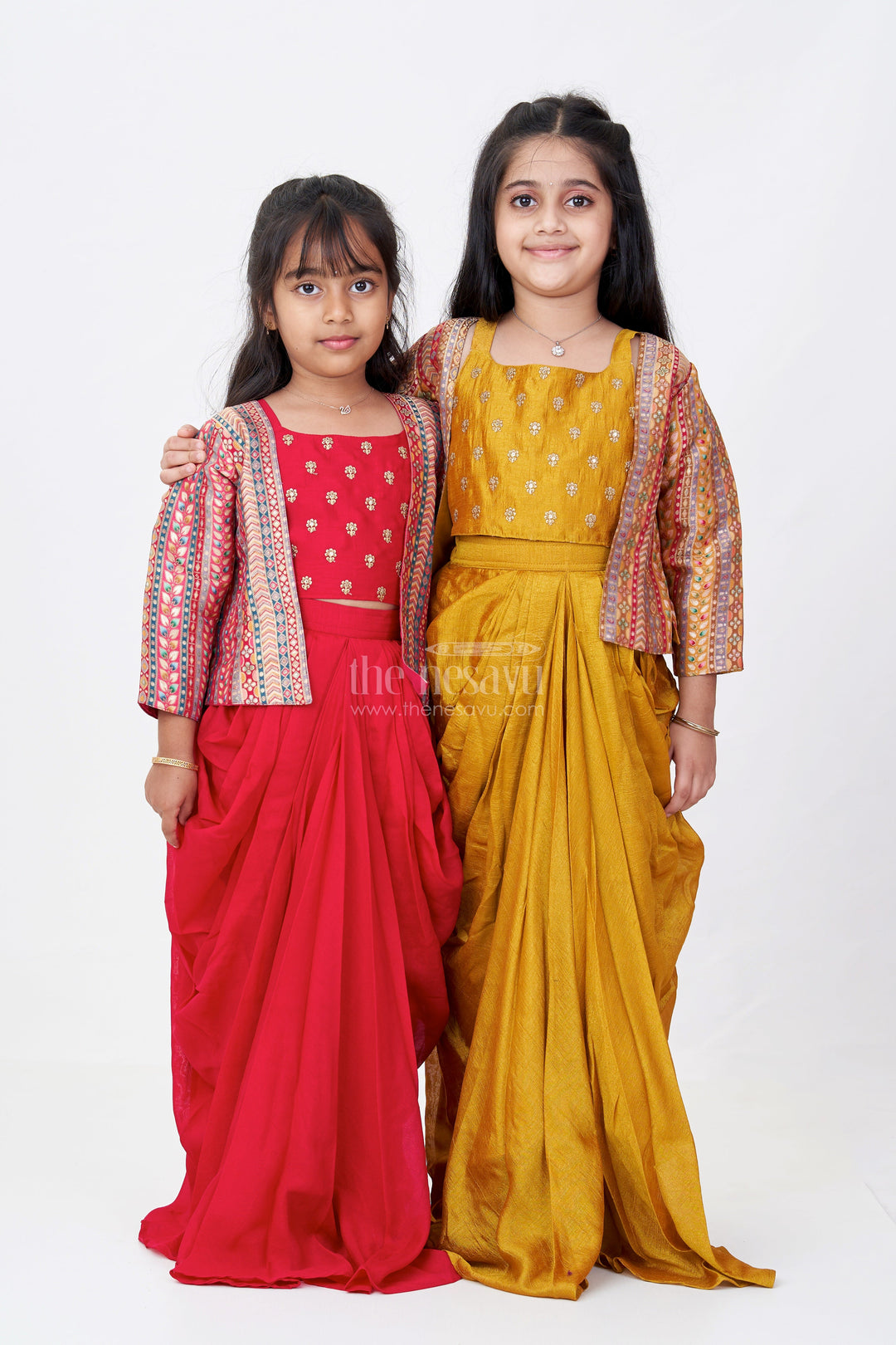 The Nesavu Girls Lehenga Choli Girls Gold Crop Top for Lehenga in Viscose Georgette with Designer Print and Half Sleeve Jacket Nesavu Girls Gold Crop Top Lehenga Set Printed Jacket Viscose Georgette | The Nesavu