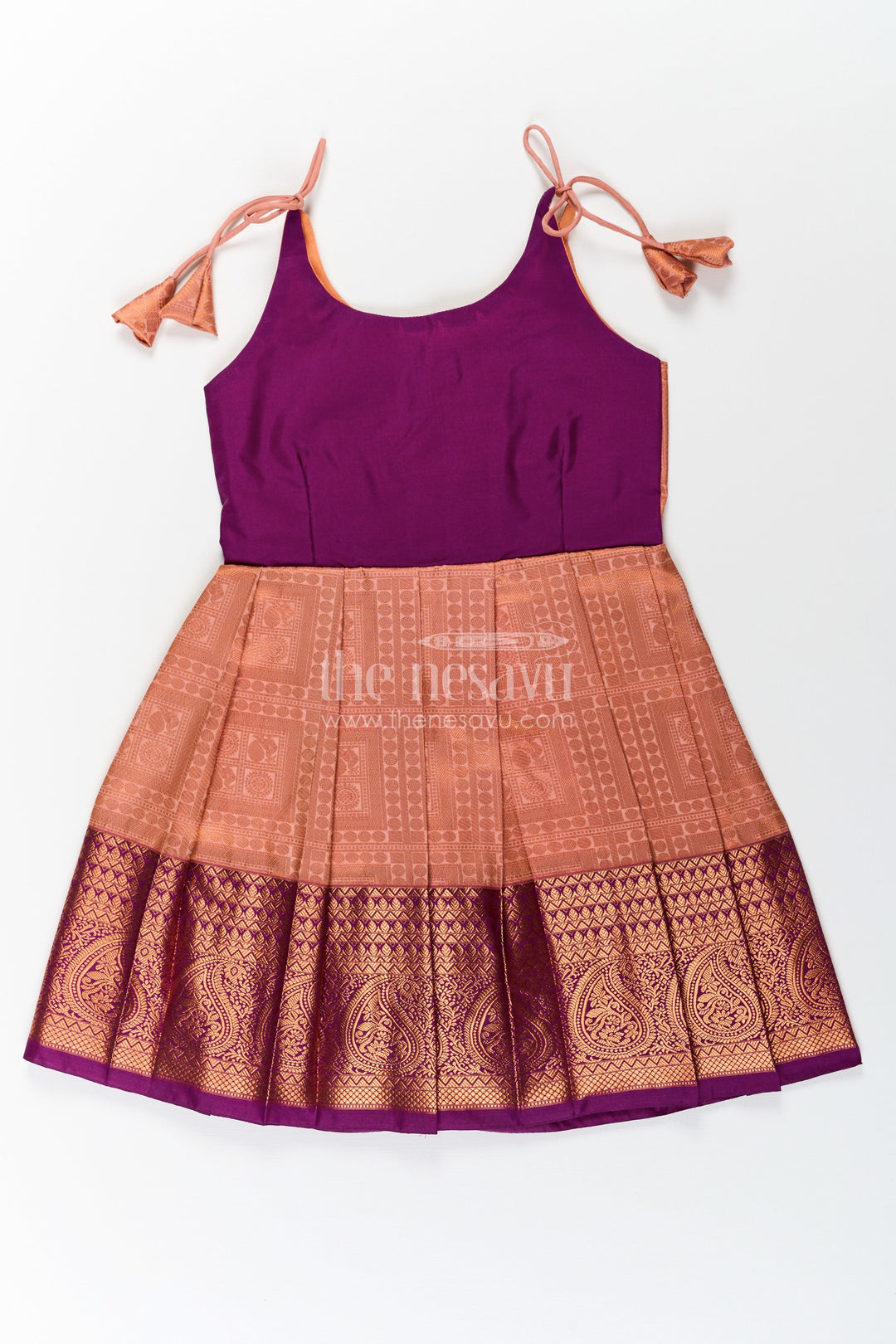 The Nesavu Tie Up Frock Girls Gold Silk Dress in Semi Kanchivaram with Purple Zari Bodice and Pleated Tie Up Tassel Frock Nesavu 16 (1Y) / Purple / Style 2 SF833AB-16 Nesavu Gold Silk Dress for Girls in Semi Kanchivaram with Purple Zari Weave and Tassel Tie Up Straps