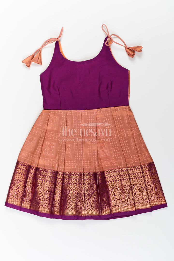 The Nesavu Tie Up Frock Girls Gold Silk Dress in Semi Kanchivaram with Purple Zari Bodice and Pleated Tie Up Tassel Frock Nesavu 16 (1Y) / Purple / Style 2 SF833AB-16 Nesavu Gold Silk Dress for Girls in Semi Kanchivaram with Purple Zari Weave and Tassel Tie Up Straps