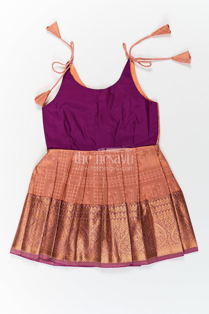 The Nesavu Tie-up Frock Girls Gold Silk Dress in Semi Kanchivaram with Purple Zari Bodice and Pleated Tie Up Tassel Frock Nesavu 16 (1Y) / Purple / Style 3 SF833AC-16 Gold Silk Dress for Girls in Semi Kanchivaram with Purple Zari Weave and Tassel Tie Up Straps | The Nesavu