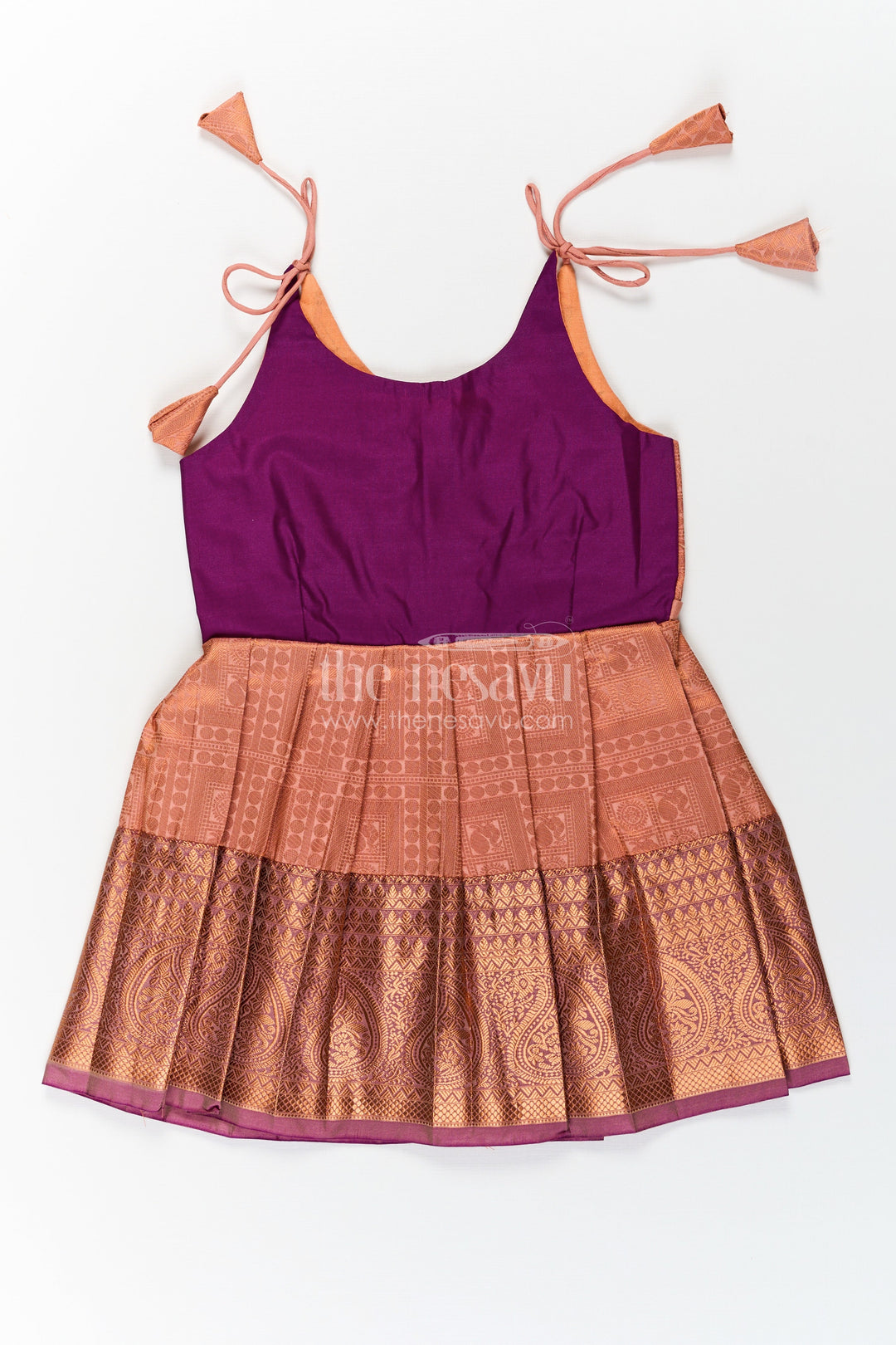 The Nesavu Tie Up Frock Girls Gold Silk Dress in Semi Kanchivaram with Purple Zari Bodice and Pleated Tie Up Tassel Frock Nesavu 16 (1Y) / Purple / Style 3 SF833AC-16 Nesavu Gold Silk Dress for Girls in Semi Kanchivaram with Purple Zari Weave and Tassel Tie Up Straps