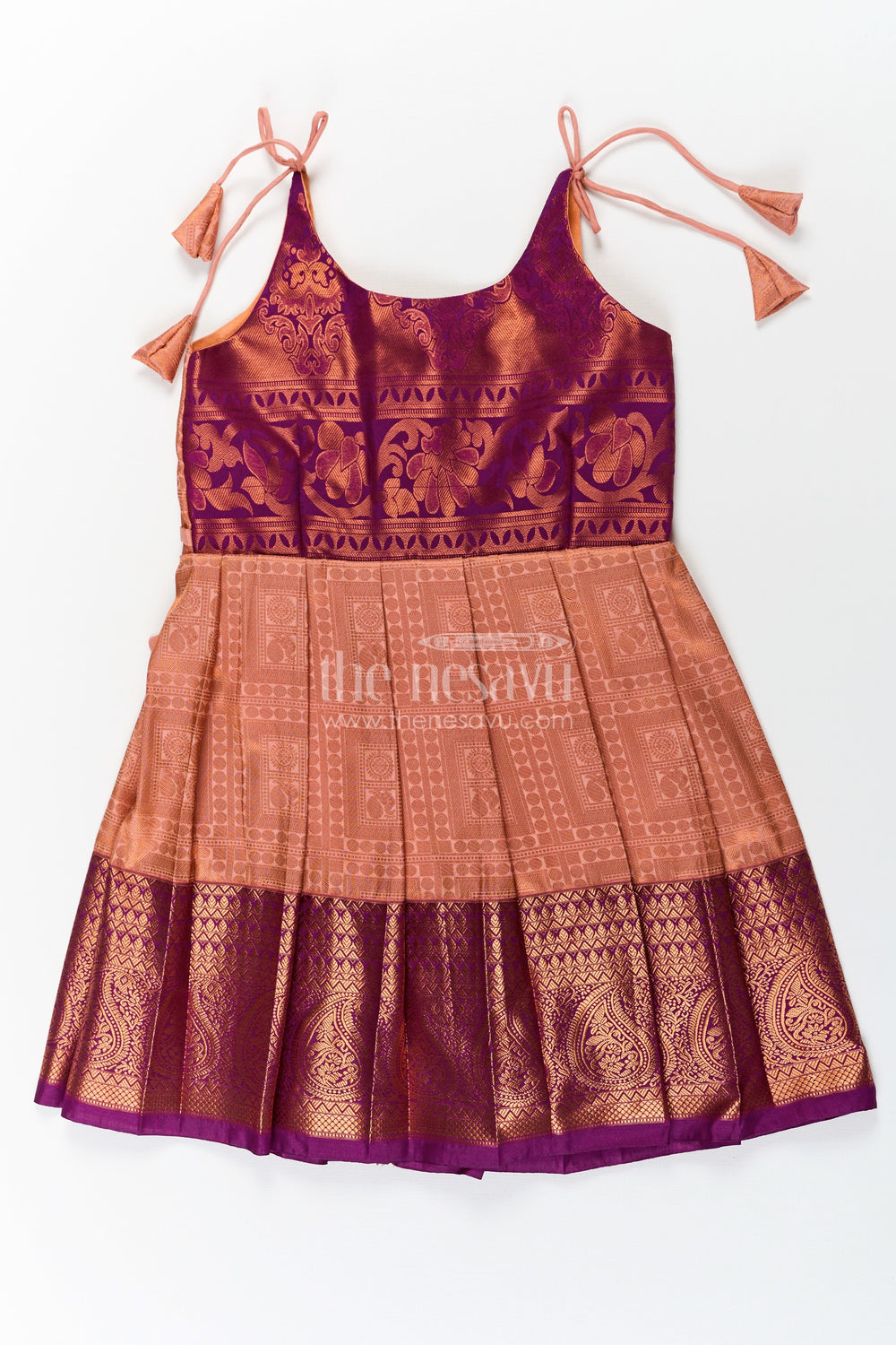 The Nesavu Tie Up Frock Girls Gold Silk Dress in Semi Kanchivaram with Purple Zari Bodice and Pleated Tie Up Tassel Frock Nesavu 20 (3Y) / Purple / Style 1 SF833AA-20 Nesavu Gold Silk Dress for Girls in Semi Kanchivaram with Purple Zari Weave and Tassel Tie Up Straps