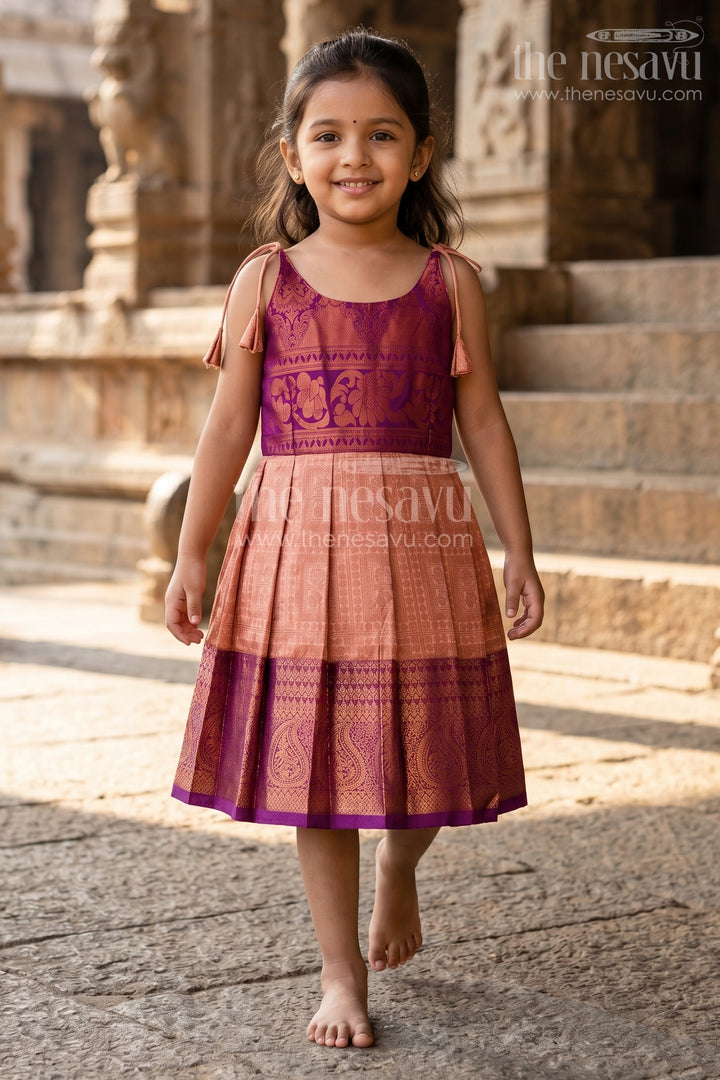 The Nesavu Tie-up Frock Girls Gold Silk Dress in Semi Kanchivaram with Purple Zari Bodice and Pleated Tie Up Tassel Frock Nesavu Gold Silk Dress for Girls in Semi Kanchivaram with Purple Zari Weave and Tassel Tie Up Straps | The Nesavu
