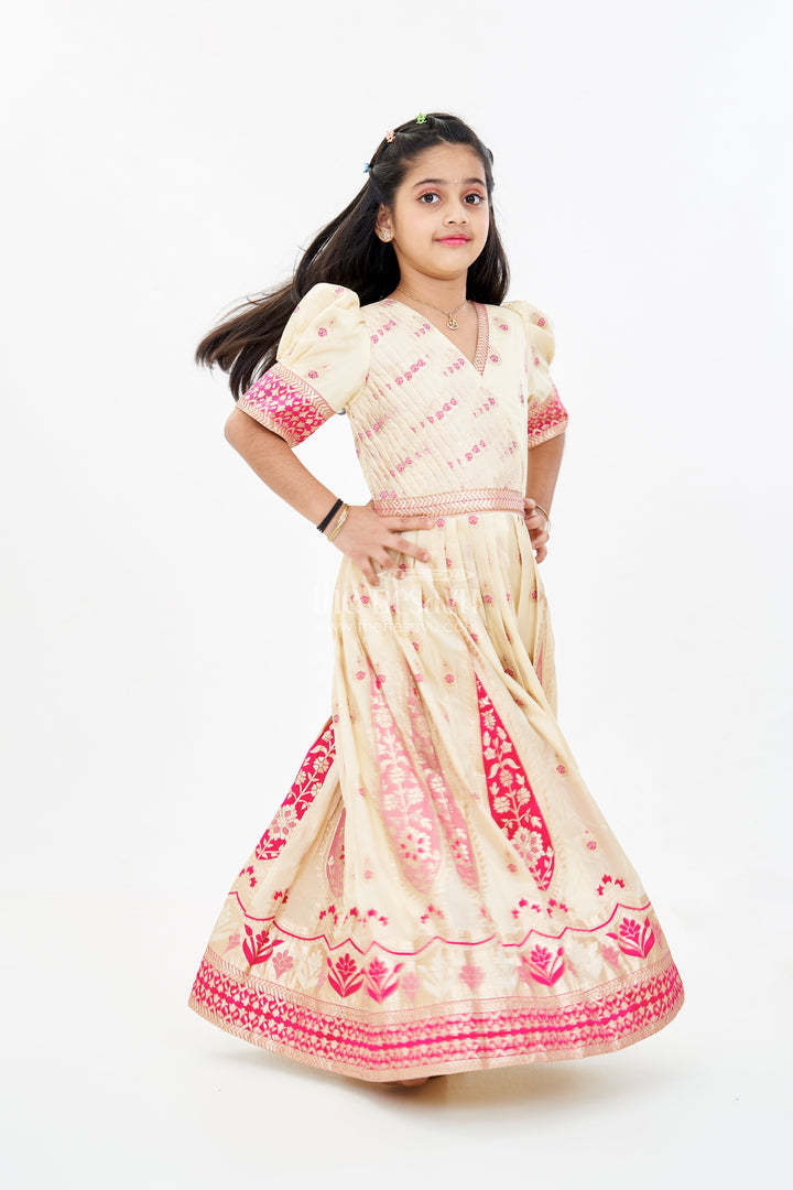 The Nesavu Girls Silk Gown Girls Gold Silk Gown with Banarasi Jacquard Kali Pattern and Puff Sleeves for Grand Occasions Nesavu 18 (2Y) / Cream GA301A-18 Girls Gold Silk Gown Banarasi Jacquard Kali Pattern Elegant Puff Sleeves | The Nesavu