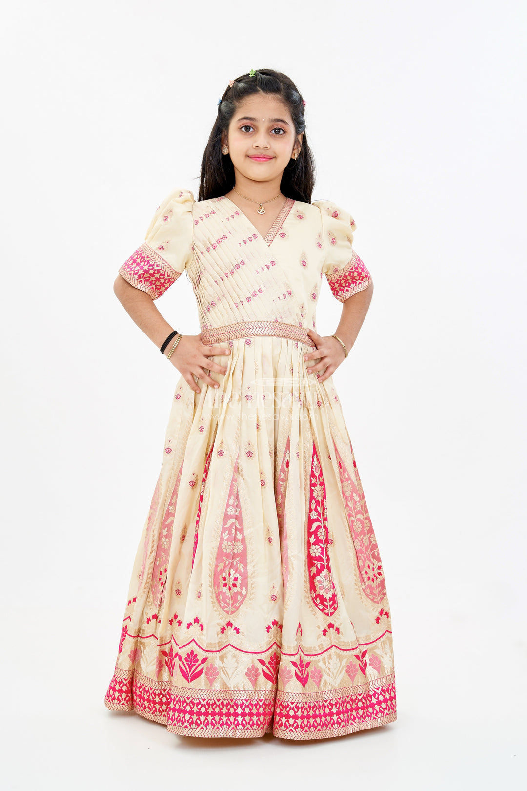 The Nesavu Girls Silk Gown Girls Gold Silk Gown with Banarasi Jacquard Kali Pattern and Puff Sleeves for Grand Occasions Nesavu Girls Gold Silk Gown Banarasi Jacquard Kali Pattern Elegant Puff Sleeves | The Nesavu