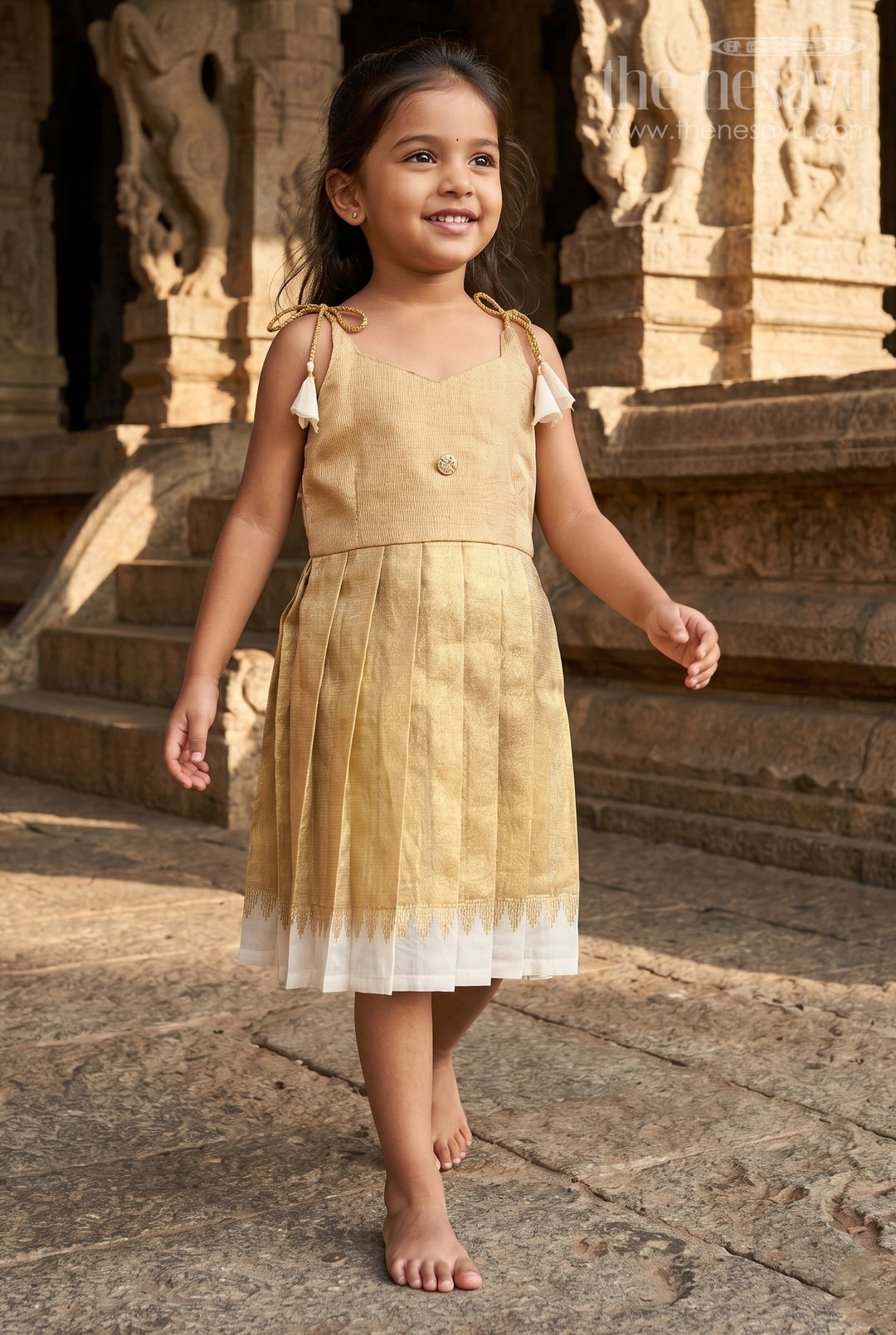 The Nesavu Tie-up Frock Girls Gold Tie up Frock for Festive Celebrations Nesavu 18 (2Y) / Gold / Tissue T437B-18 Nesavu Girls Gold Tissue Silk Tie Up Frock For Birthdays And Festive Occasions