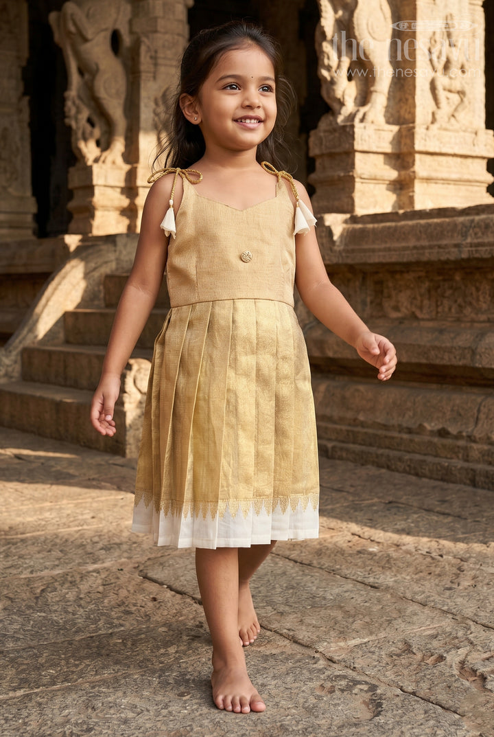 The Nesavu Tie-up Frock Girls Gold Tie up Frock for Festive Celebrations Nesavu 18 (2Y) / Gold / Tissue T437B-18 Nesavu Girls Gold Tissue Silk Tie Up Frock For Birthdays And Festive Occasions