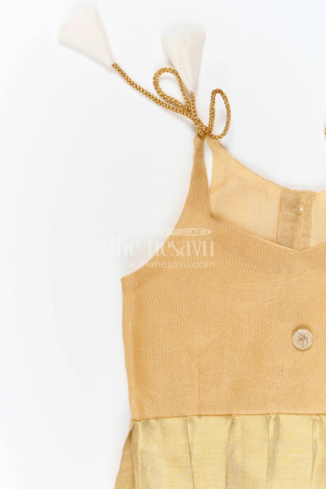 The Nesavu Tie-up Frock Girls Gold Tie up Frock for Festive Celebrations Nesavu Nesavu Girls Gold Tissue Silk Tie Up Frock For Birthdays And Festive Occasions