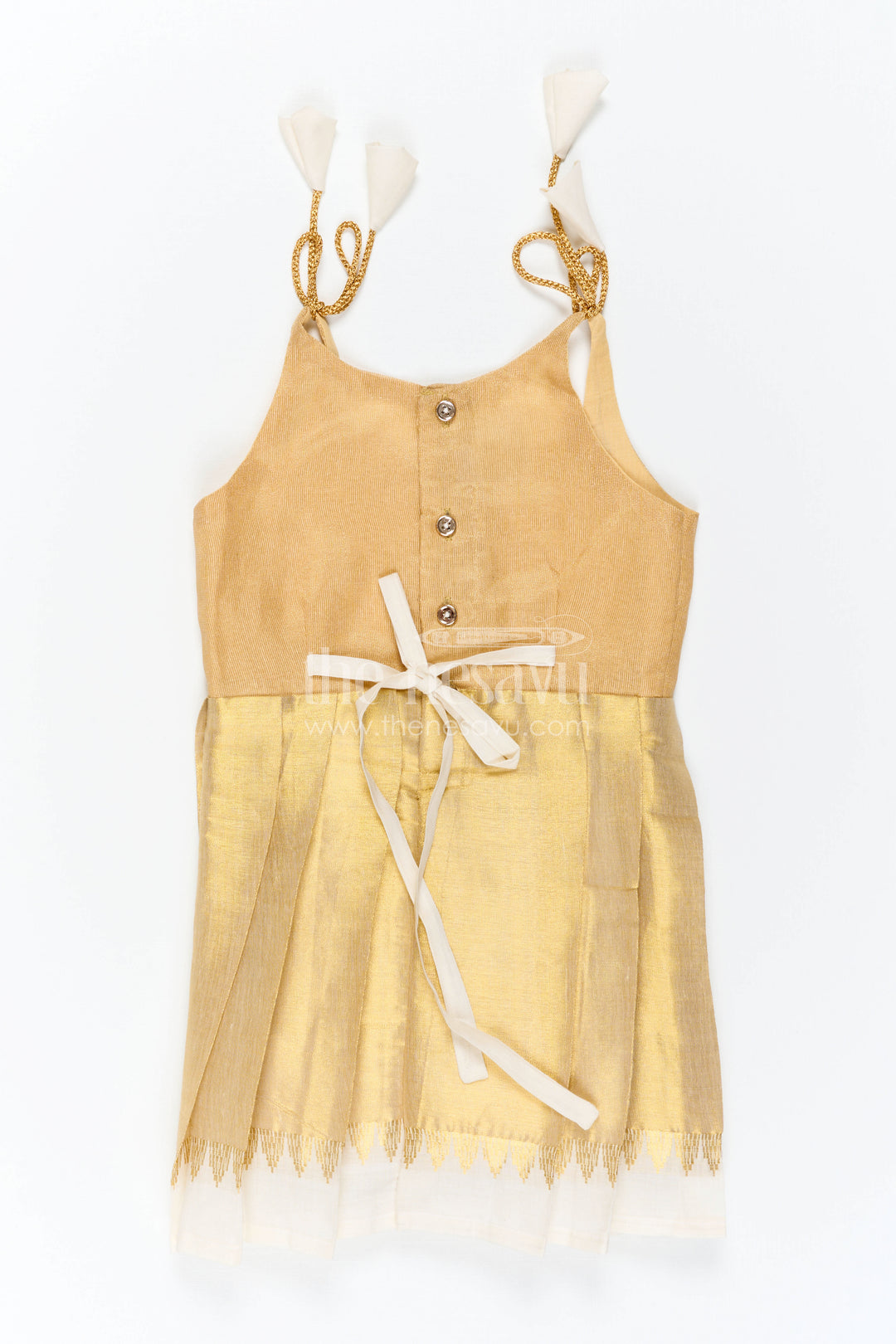 The Nesavu Tie-up Frock Girls Gold Tie up Frock for Festive Celebrations Nesavu Nesavu Girls Gold Tissue Silk Tie Up Frock For Birthdays And Festive Occasions