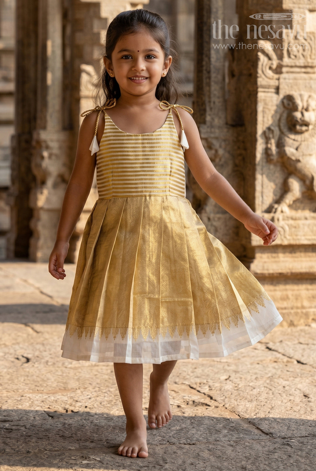 The Nesavu Tie-up Frock Girls Gold Tie up Frock for Festive Family Occasions Nesavu 18 (2Y) / Gold / Tissue T438A-18 Nesavu Girls Gold Tissue Silk Tie Up Frock For Festive Birthdays And Family Events