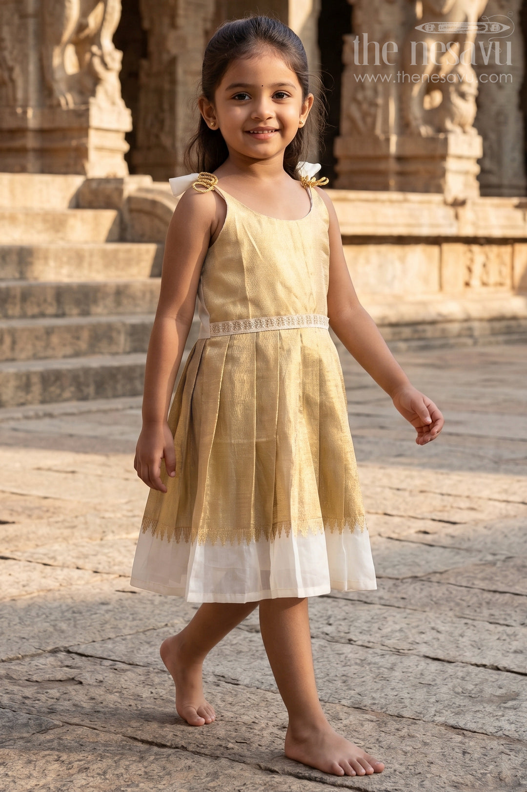 The Nesavu Tie-up Frock Girls Gold Tissue Silk Frock for Festive Celebrations Nesavu 18 (2Y) / Gold / Tissue T435B-18 Nesavu Girls Gold Tissue Silk Frock With Tie Up Straps For Festive Family Occasions