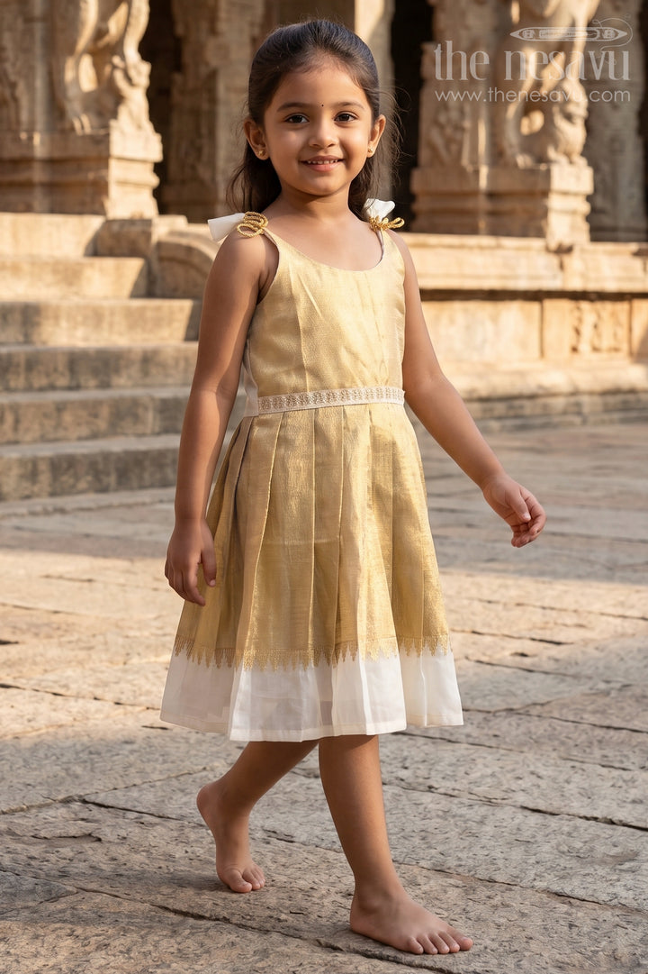 The Nesavu Tie-up Frock Girls Gold Tissue Silk Frock for Festive Celebrations Nesavu 18 (2Y) / Gold / Tissue T435B-18 Nesavu Girls Gold Tissue Silk Frock With Tie Up Straps For Festive Family Occasions