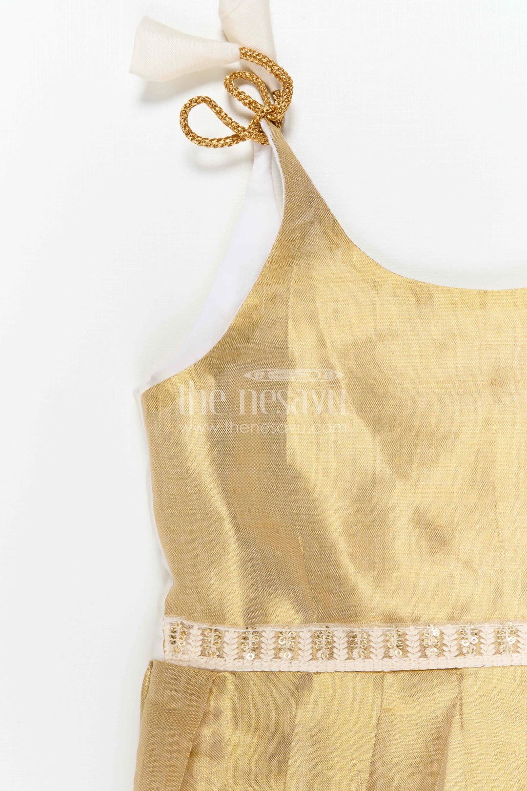 The Nesavu Tie-up Frock Girls Gold Tissue Silk Frock for Festive Celebrations Nesavu Nesavu Girls Gold Tissue Silk Frock With Tie Up Straps For Festive Family Occasions