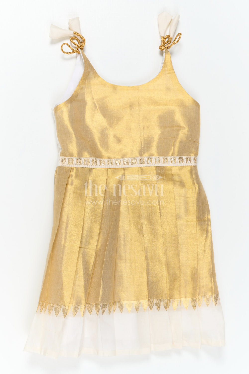 The Nesavu Tie-up Frock Girls Gold Tissue Silk Frock for Festive Celebrations Nesavu Nesavu Girls Gold Tissue Silk Frock With Tie Up Straps For Festive Family Occasions