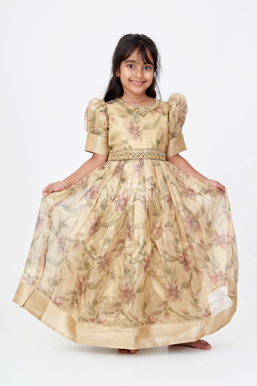 The Nesavu Girls Silk Gown Girls Golden Anarkali in Tissue Fabric with Floral Digital Print and Embellished Neckline for Elegant Occasions Nesavu 24 (5Y) / Gold GA307A-24 Nesavu Girls Golden Anarkali Gown Tissue Floral Digital Print Embellished Details