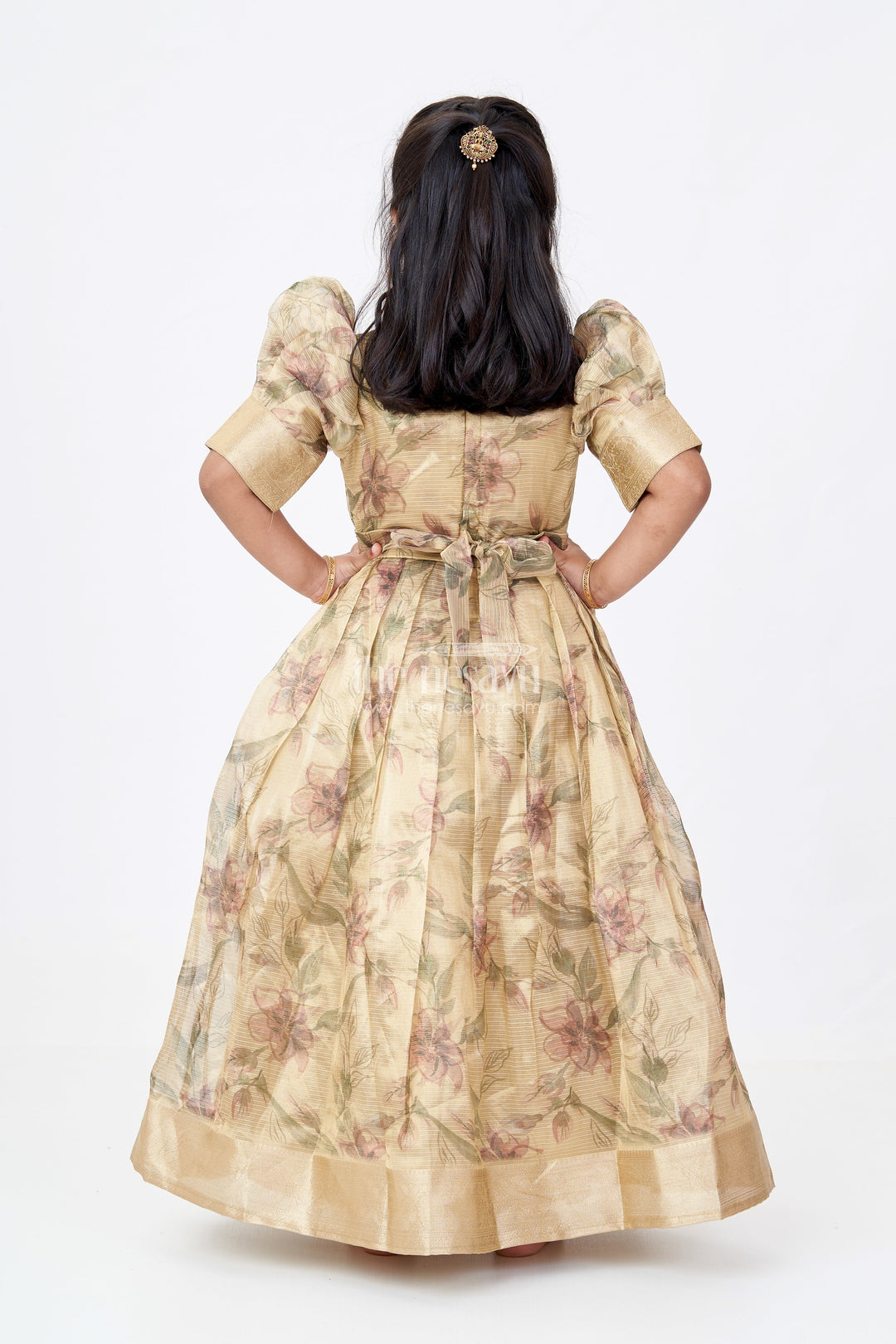 The Nesavu Girls Silk Gown Girls Golden Anarkali in Tissue Fabric with Floral Digital Print and Embellished Neckline for Elegant Occasions Nesavu Nesavu Girls Golden Anarkali Gown Tissue Floral Digital Print Embellished Details