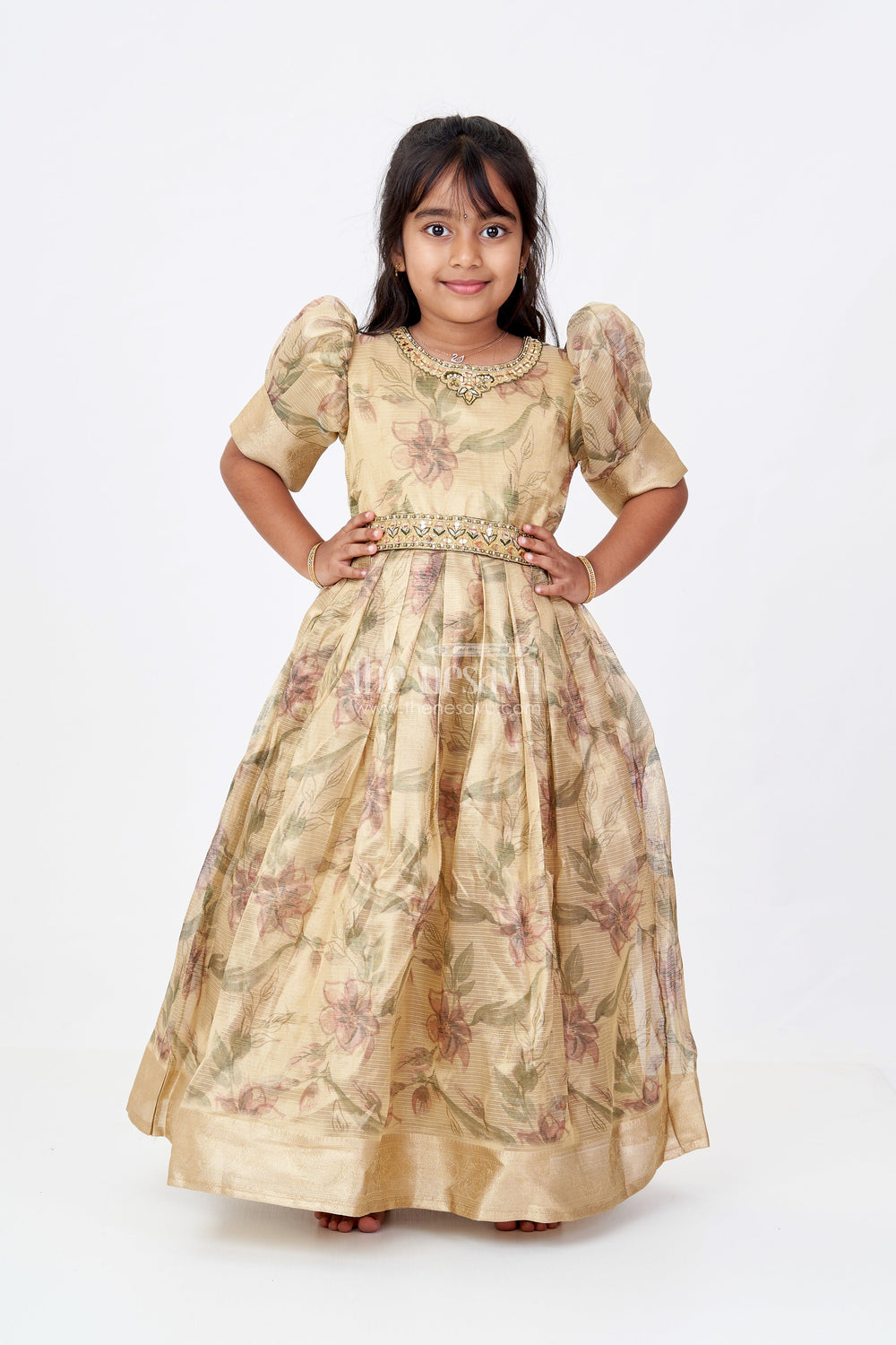 The Nesavu Girls Silk Gown Girls Golden Anarkali in Tissue Fabric with Floral Digital Print and Embellished Neckline for Elegant Occasions Nesavu Nesavu Girls Golden Anarkali Gown Tissue Floral Digital Print Embellished Details