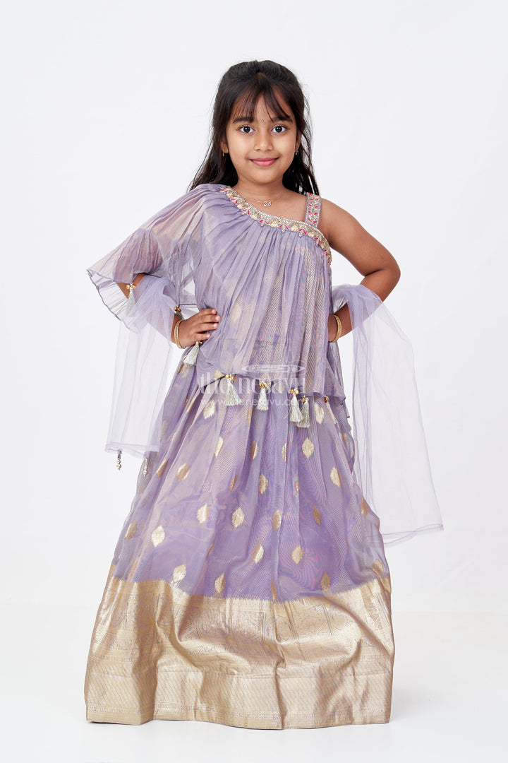 The Nesavu Girls Lehenga Choli Girls Golden Colour Ka Lehenga in Banarasi Kora Tissue Silk with Elegant Zari Border and Off-Shoulder Cape Nesavu 18 (2Y) / Purple GL614B-18 Girls Golden Colour Ka Lehenga Banarasi Silk Lavender Tones Cape Choli Design | The Nesavu
