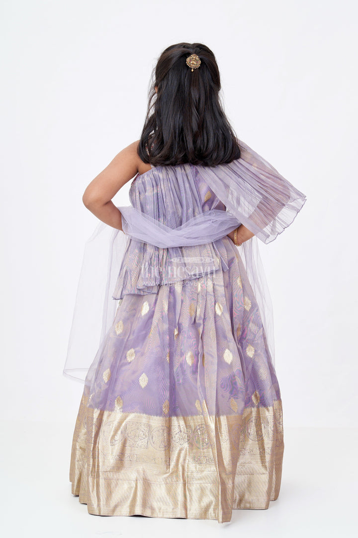 The Nesavu Girls Lehenga Choli Girls Golden Colour Ka Lehenga in Banarasi Kora Tissue Silk with Elegant Zari Border and Off-Shoulder Cape Nesavu Girls Golden Colour Ka Lehenga Banarasi Silk Lavender Tones Cape Choli Design | The Nesavu