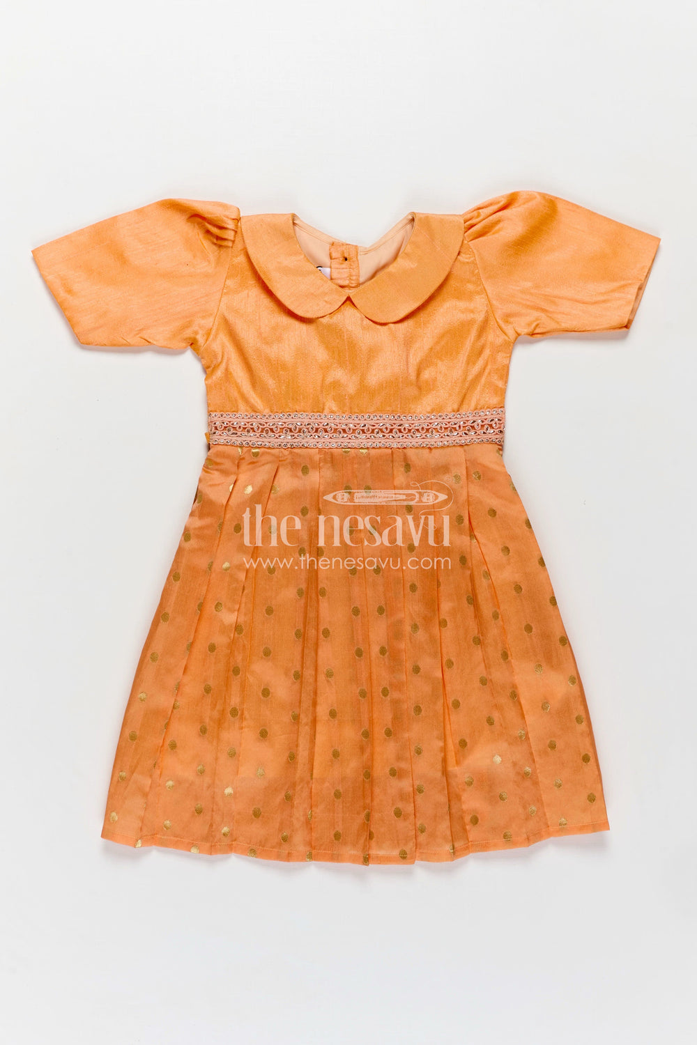 The Nesavu Silk Frock Girls Golden Silk Frock in Raw Silk with Peter Pan Collar and Semi Banarasi Woven Bottom Nesavu 22 (4Y) / Gold SF1024A-22 Nesavu Girls Golden Silk Frock Raw Silk Banarasi Bottom Peter Pan Collar Detail