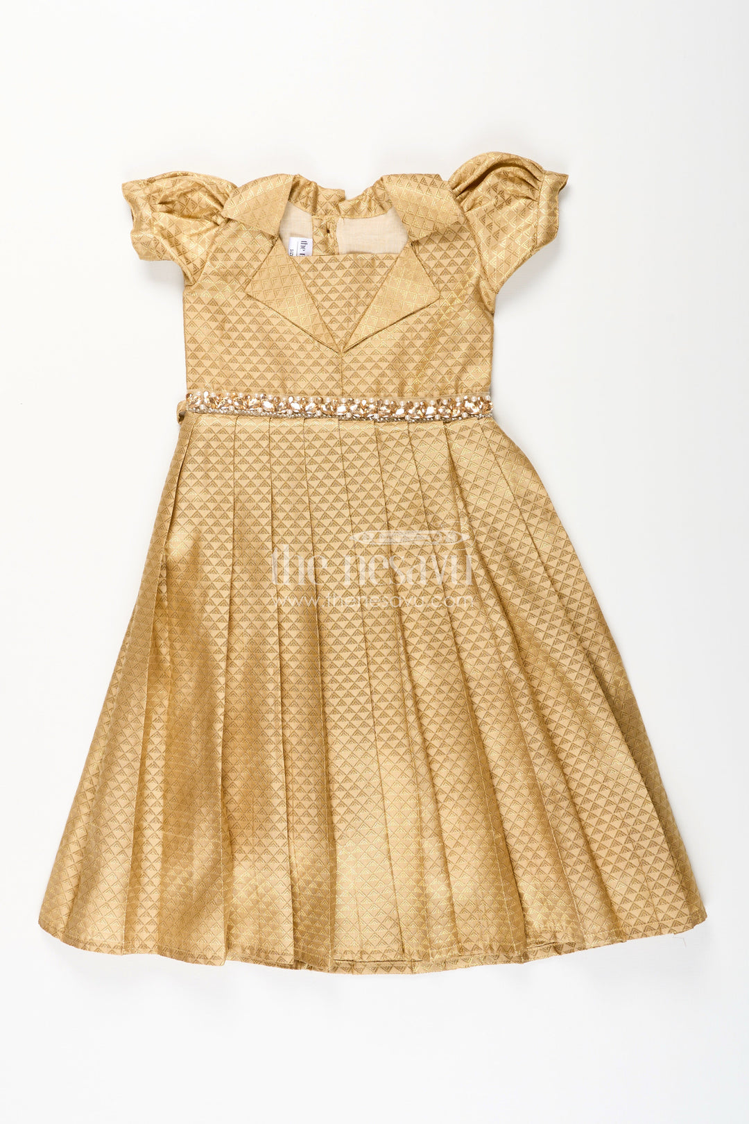 The Nesavu Girls Silk Gown Girls Golden Tissue Silk Anarkali Dress with Puff Sleeves and Beaded Waist Belt Nesavu 18 (2Y) / Gold GA372A-18 Nesavu girls golden tissue silk anarkali with puff sleeves and bead-embellished waist belt