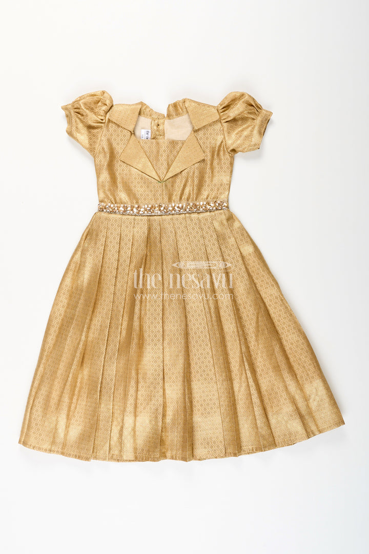The Nesavu Girls Silk Gown Girls Golden Tissue Silk Anarkali Dress with Puff Sleeves and Beaded Waist Belt Nesavu 18 (2Y) / Gold GA372B-18 Nesavu girls golden tissue silk anarkali with puff sleeves and embellished waist belt