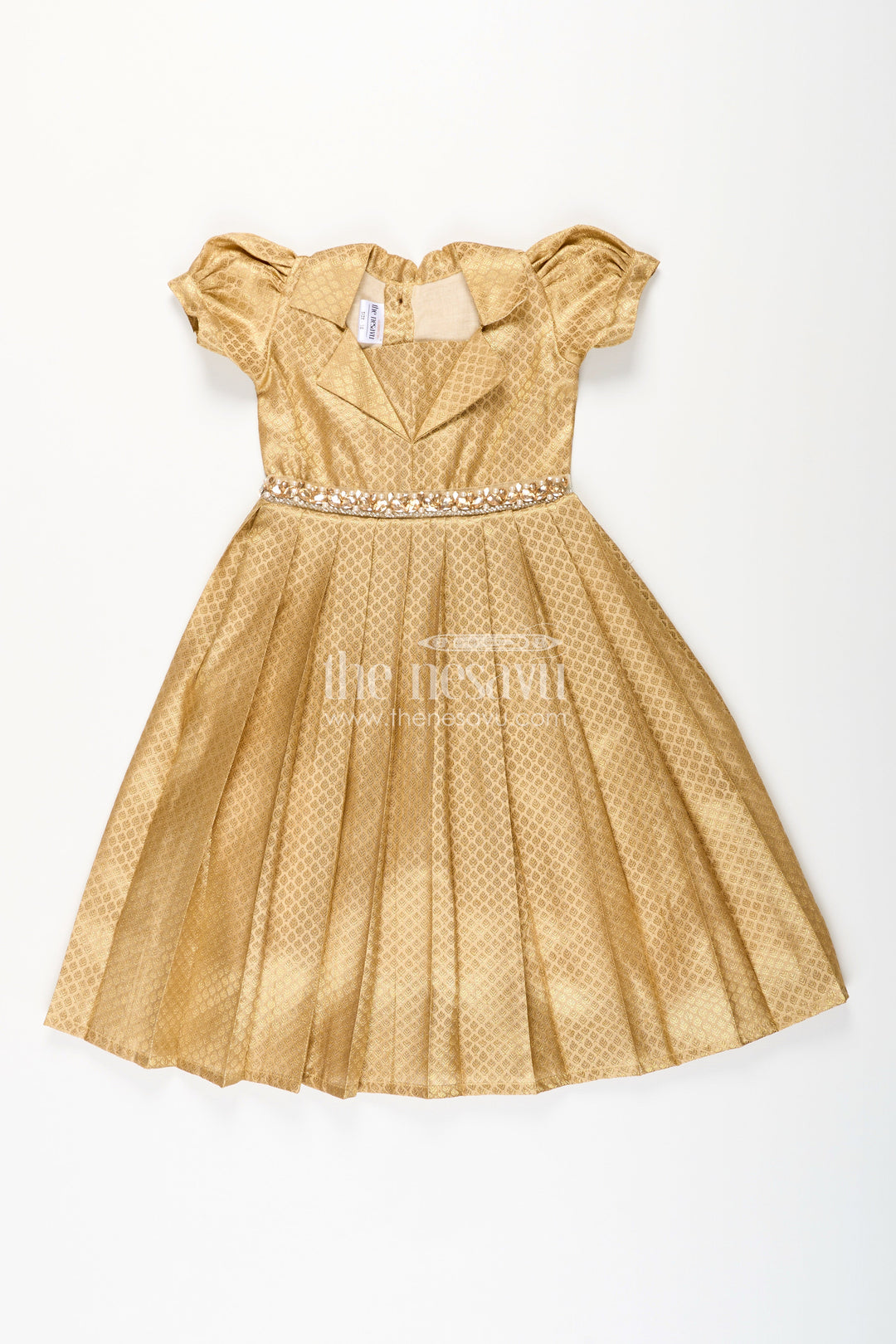 The Nesavu Girls Silk Gown Girls Golden Tissue Silk Anarkali Dress with Puff Sleeves and Beaded Waist Belt Nesavu 18 (2Y) / Gold GA372C-18 Nesavu girls golden tissue silk anarkali with puff sleeves and bead-embellished waist belt