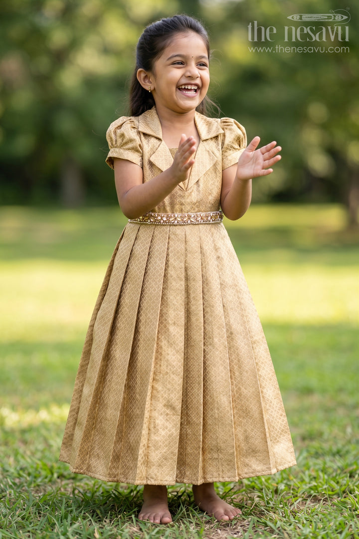 The Nesavu Girls Silk Gown Girls Golden Tissue Silk Anarkali Dress with Puff Sleeves and Beaded Waist Belt Nesavu 18 (2Y) / Gold GA372C-18 Nesavu girls golden tissue silk anarkali with puff sleeves and bead-embellished waist belt