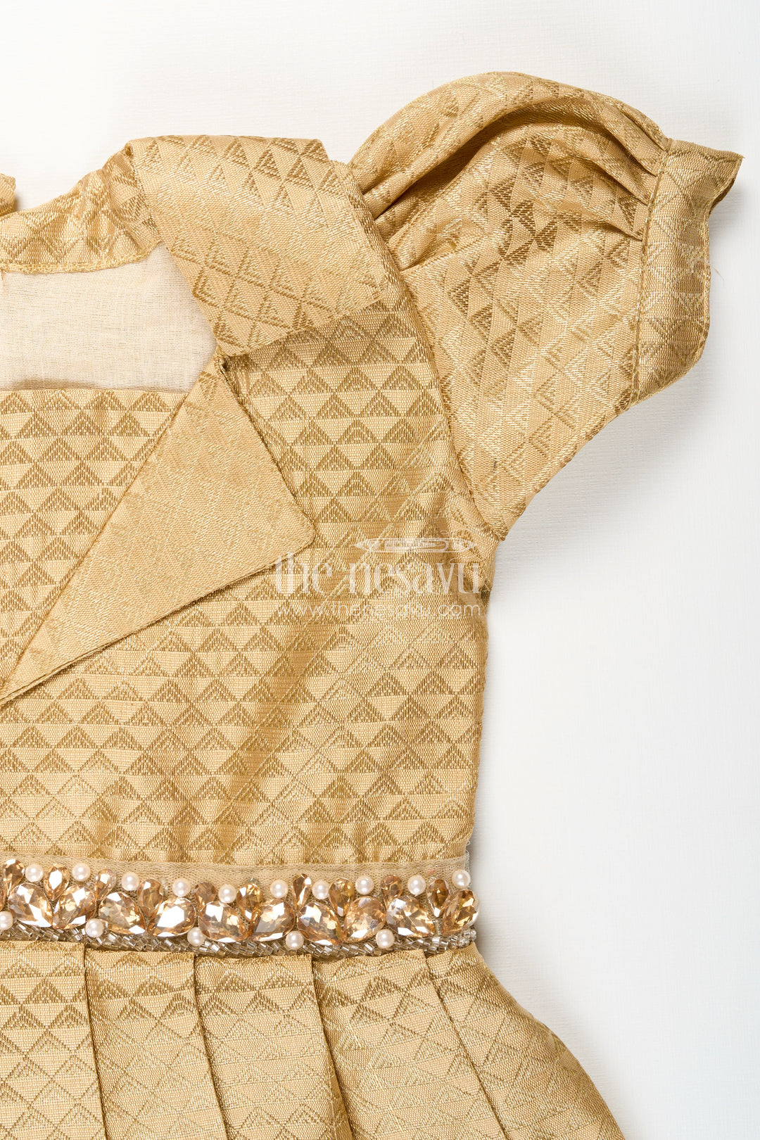 The Nesavu Girls Silk Gown Girls Golden Tissue Silk Anarkali Dress with Puff Sleeves and Beaded Waist Belt Nesavu Nesavu girls golden tissue silk anarkali with puff sleeves and bead-embellished waist belt