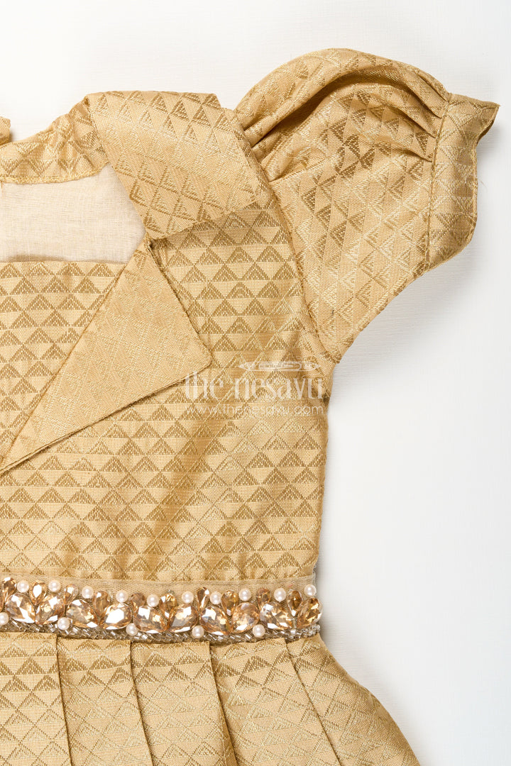 The Nesavu Girls Silk Gown Girls Golden Tissue Silk Anarkali Dress with Puff Sleeves and Beaded Waist Belt Nesavu Nesavu girls golden tissue silk anarkali with puff sleeves and bead-embellished waist belt
