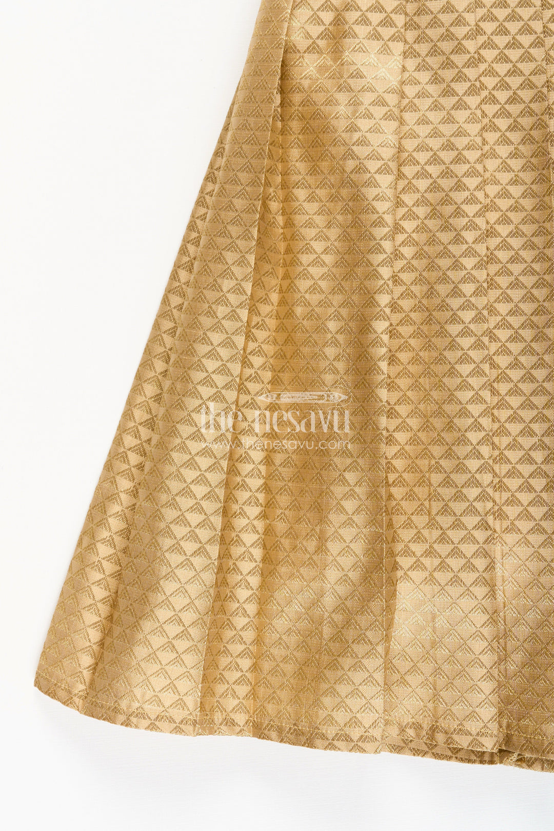 The Nesavu Girls Silk Gown Girls Golden Tissue Silk Anarkali Dress with Puff Sleeves and Beaded Waist Belt Nesavu Nesavu girls golden tissue silk anarkali with puff sleeves and bead-embellished waist belt