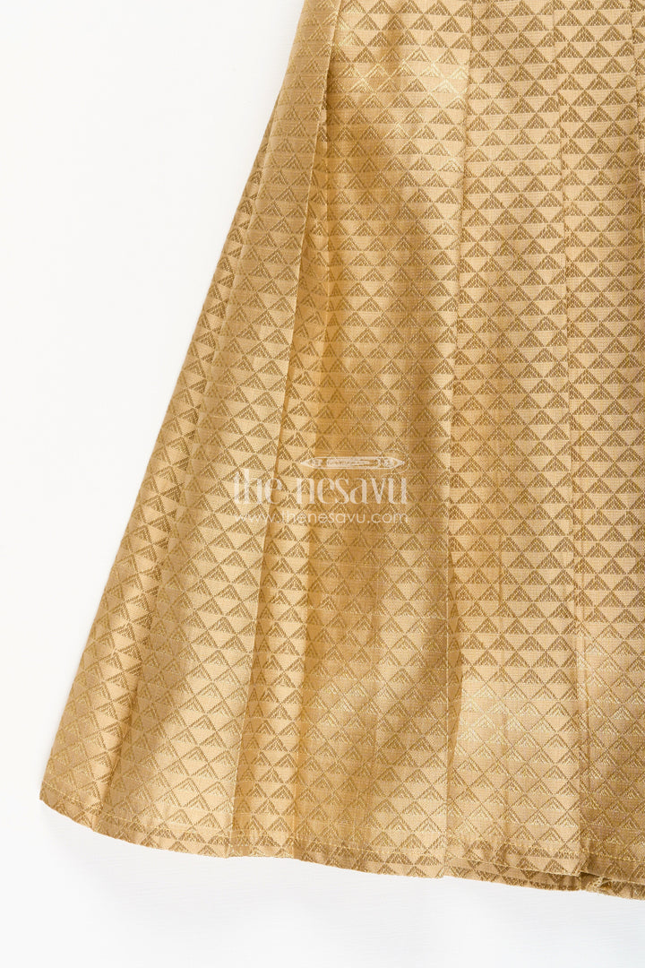 The Nesavu Girls Silk Gown Girls Golden Tissue Silk Anarkali Dress with Puff Sleeves and Beaded Waist Belt Nesavu Nesavu girls golden tissue silk anarkali with puff sleeves and bead-embellished waist belt