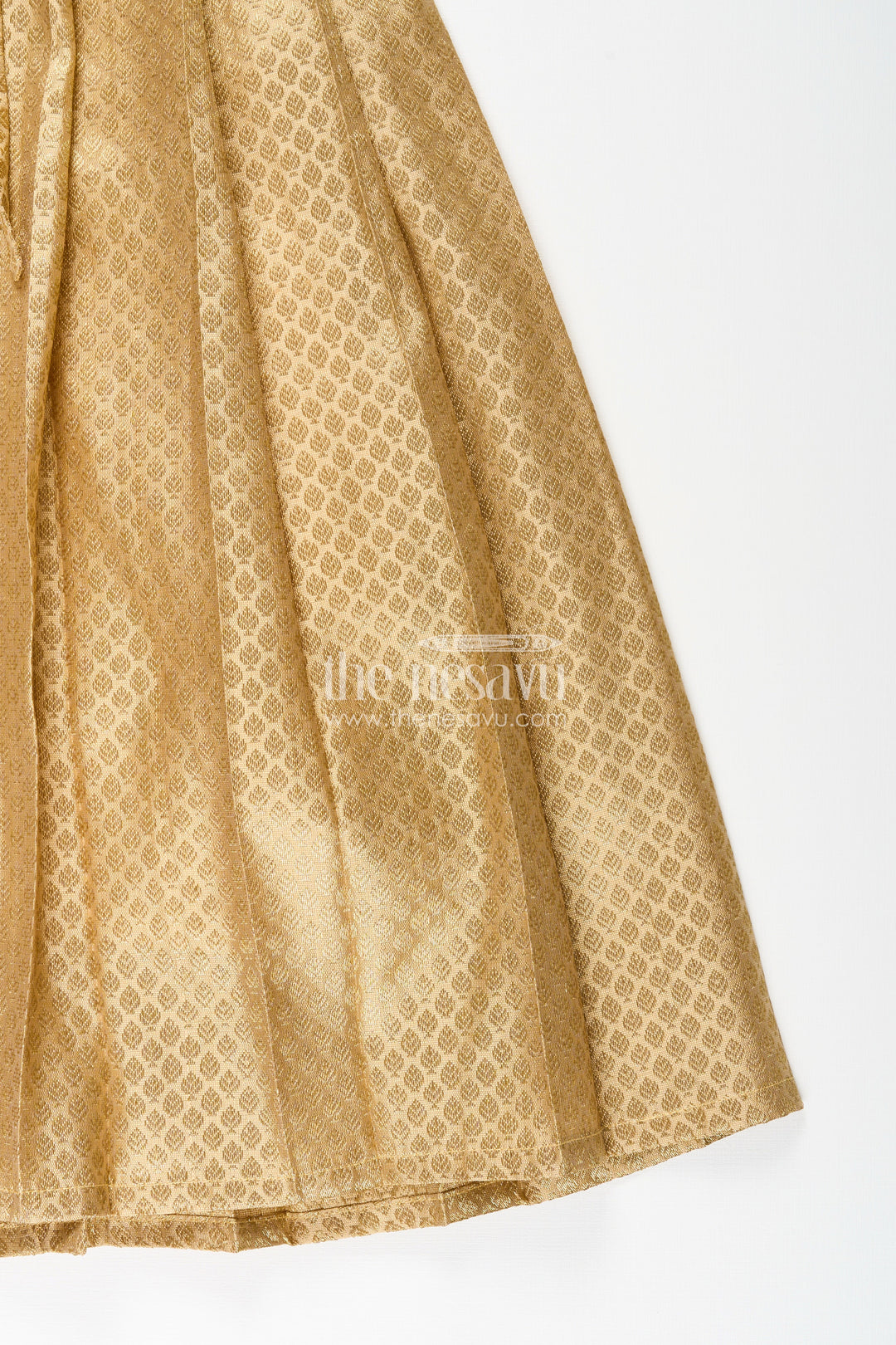 The Nesavu Girls Silk Gown Girls Golden Tissue Silk Anarkali Dress with Puff Sleeves and Beaded Waist Belt Nesavu Nesavu girls golden tissue silk anarkali with puff sleeves and bead-embellished waist belt