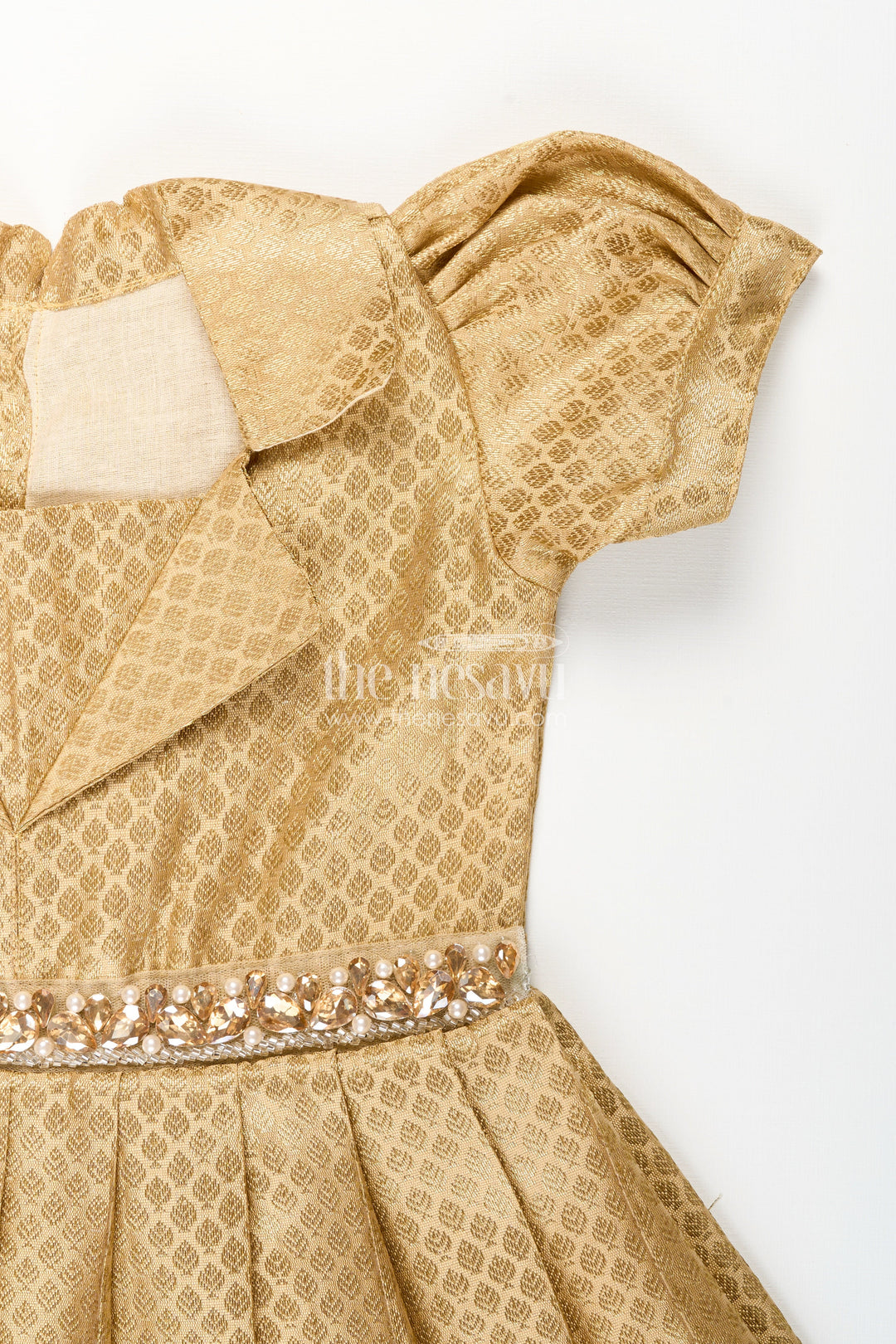 The Nesavu Girls Silk Gown Girls Golden Tissue Silk Anarkali Dress with Puff Sleeves and Beaded Waist Belt Nesavu Nesavu girls golden tissue silk anarkali with puff sleeves and bead-embellished waist belt