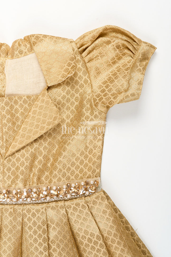 The Nesavu Girls Silk Gown Girls Golden Tissue Silk Anarkali Dress with Puff Sleeves and Beaded Waist Belt Nesavu Nesavu girls golden tissue silk anarkali with puff sleeves and bead-embellished waist belt